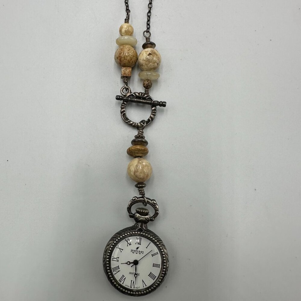 Peyote Bird Watch Pendant Necklace Silver Tone Brown Jasper Beads Toggle Chain